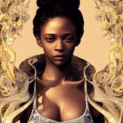 Prompt: the portrait of the absurdly beautiful, graceful, elegant, gorgeous, innocent young black glamour model made with crystals, an ultrafine hyperdetailed illustration by kim jung gi, irakli nadar, detailed faces, intricate linework, bright colors, octopath traveler, final fantasy, unreal engine 5 highly rendered, global illumination, radiant light, intricate environment