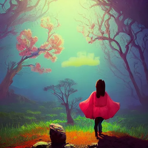 Image similar to giant cherry tree floating overhead, girl walking in a canyon, surreal photography, sunrise, dramatic light, impressionist painting, colorful clouds, digital painting, artstation, simon stalenhag