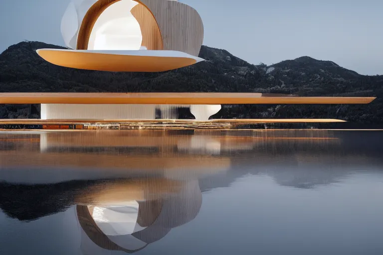 Prompt: a white egg shaped foam space relies on the building formed together. on the calm lake, people's perspective, future, interior wood, marble, award winning, highly detailed 4 k art, dusk, unreal engine highly rendered, global illumination, radial light, internal environment by kazuyo sejima and pierre cardin