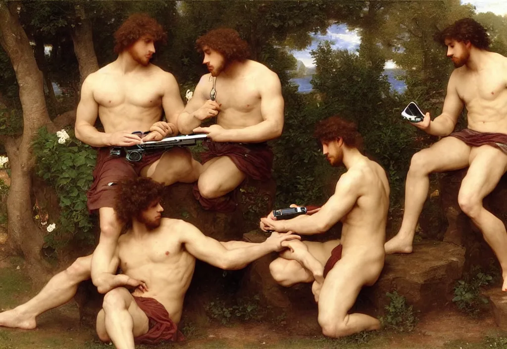 Image similar to pre-Raphaelite male muscular athletic gamers wearing headsets and playing video-games on laptops playstation5 x-box and PC by Bouguereau