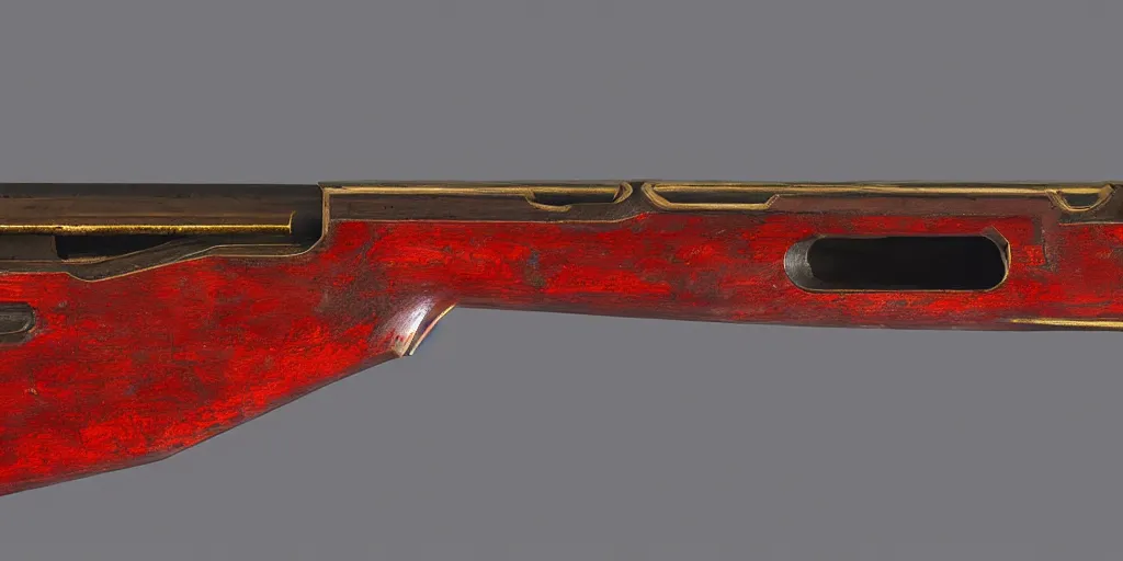 Image similar to a shotgun made from glossy red - painted wood and elements of gold metalwork