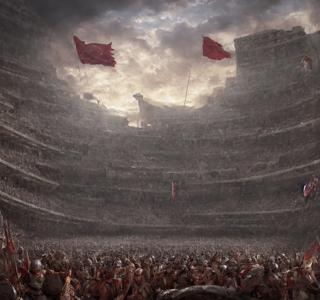 Image similar to Roman Gladiator at battle in a giant coliseum filled with cheering fans, wide angle shot, Flags on pillars , cinematic lightning, medium shot, mid-shot, highly detailed, trending on artstation, Unreal Engine 4k, cinematic, very highly Detailed, digital, HDR, Kodak Ektar, wide-angle lens, 3D concept art by Greg Rutkowski, Gary Houston, Stephan Martiniere and Alexander Fedosav