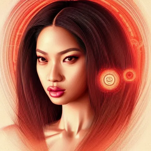 Image similar to ( ( ( portrait of tech goddess ) ) ), zoom, rule of thirds, atmosphere, intricate, regal, latinas, ( brown skin ), symmetrical!!, loreal, maybelline, sephora, loreal, artstation, art by artgerm and gonzalo ordonez arias, moody, concept art, filmic, vsco