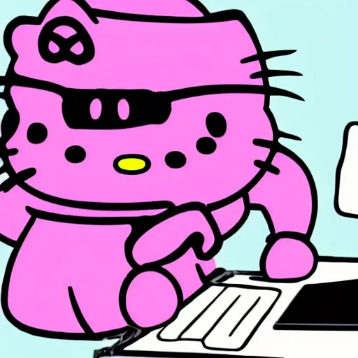 Prompt: Stock photo of a human burglar wearing a ski mask hacking into a pink Hello Kitty computer, funny, bizzare