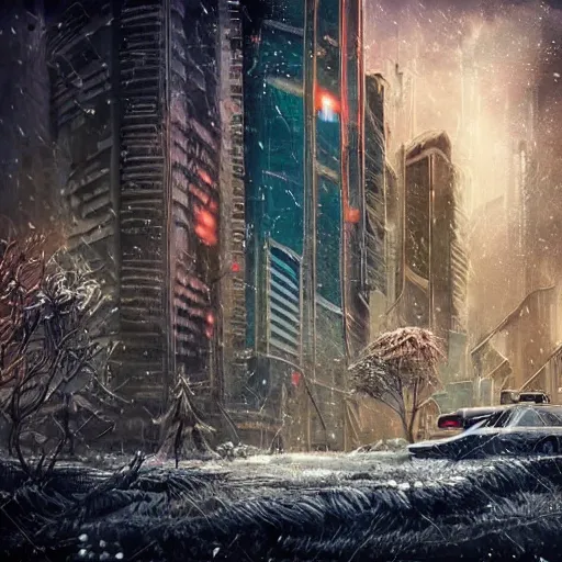 Prompt: mystic winter landscape, cyberpunk, vivid colors, post apocalyptic