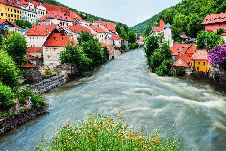 Prompt: a river flowing through an eastern european village, summer photo