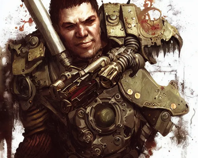 Image similar to portrait of a steampunk doomguy slaying demons, fantasy, hd shot, digital portrait, beautiful, artstation, comic style, by artgerm, guy denning, jakub rozalski, magali villeneuve and charlie bowater