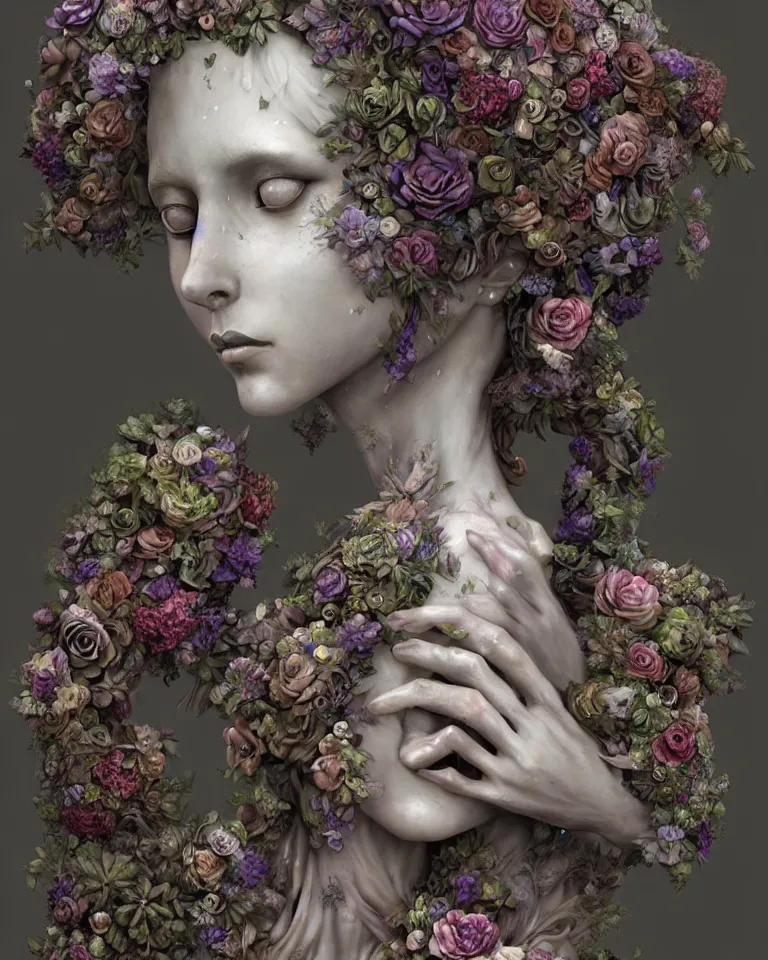 Image similar to a sculpture of a gorgeous etherial female, made of mist, made of flowers, Andrew Ferez, Charlie Bowater, Marco Mazzoni, Seb McKinnon, Ryohei Hase, lovecraftian, cosmic horror, trending on cgsociety, featured on zbrush central, grotesque, vanitas, new sculpture, mystical