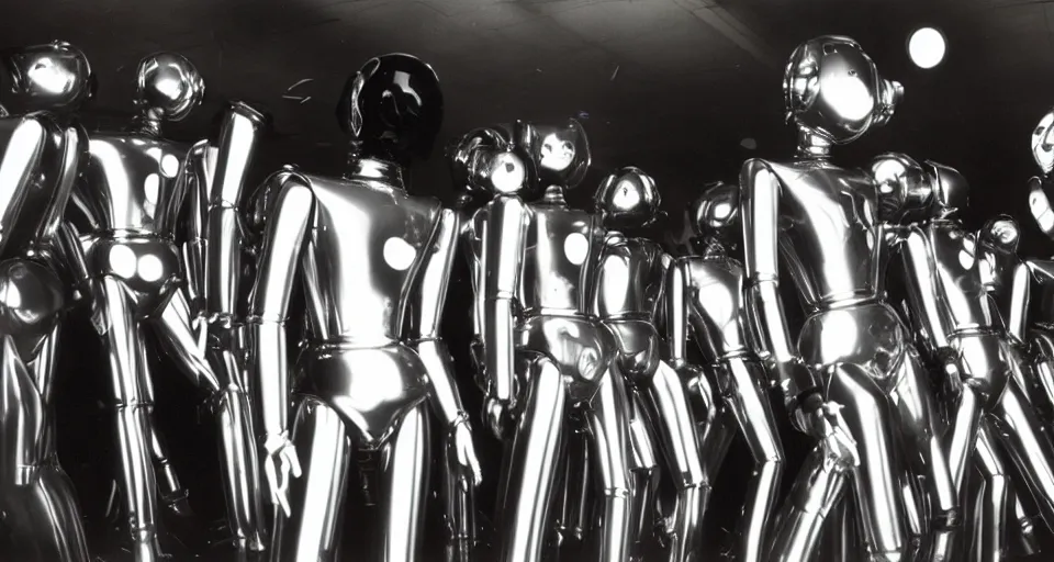 Image similar to color film still, chrome robots at the disco ; studio 5 4 ( 1 9 9 8 )