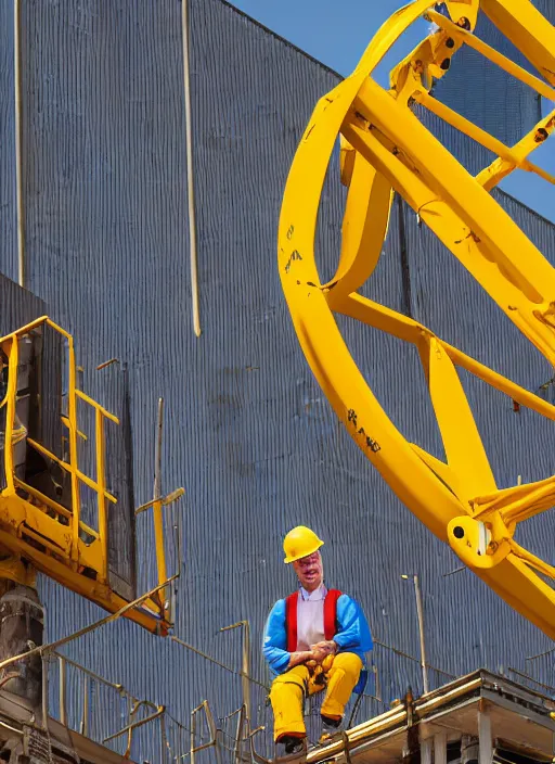 Image similar to closeup portrait of cheerful homer simpson as a crane operator, yellow hardhat, sitting in a crane, natural light, bloom, detailed face, magazine, press, photo, steve mccurry, david lazar, canon, nikon, focus