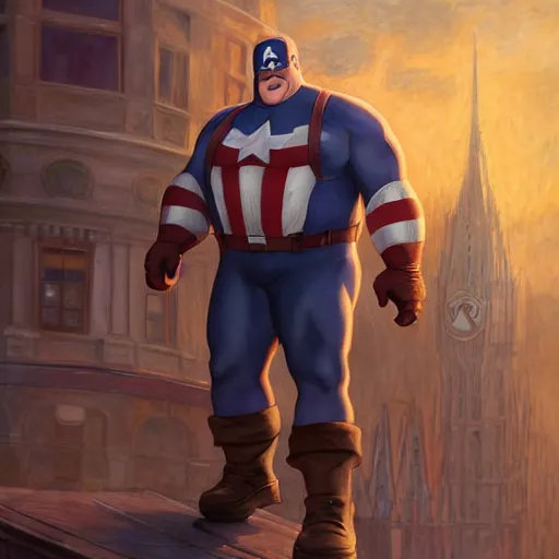 Image similar to peter griffin as captain america, au naturel, hyper detailed, digital art, trending in artstation, cinematic lighting, studio quality, smooth render, unreal engine 5 rendered, octane rendered, art style by klimt and nixeu and ian sprigger and wlop and krenz cushart