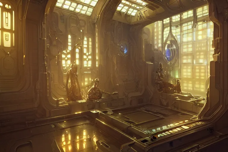 Image similar to a cybernetic room, scifi religious, symmetrical, center punched, Archviz, elegant, intricate, digital painting, artstation, concept art, smooth, sharp focus, illustration, art by artgerm and greg rutkowski and alphonse mucha