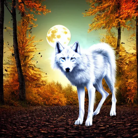 Image similar to white wolf with blue eyes stands in a dark night dormant autumn forest with magic moon in sky, no yellow color in eyes, no yellow color, realistic