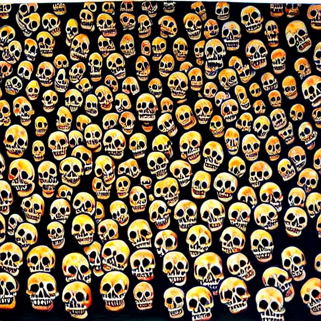 Prompt: a beautiful painting many skulls combine buddhas, by kusama miyama realistic oil painting