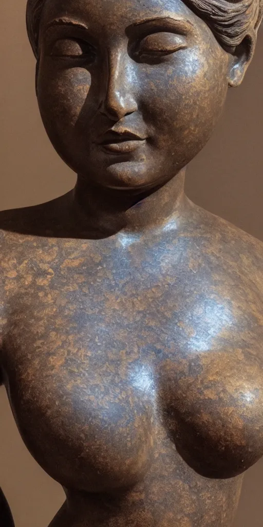 Image similar to detailed photo of an old bronze patina statue of a beautiful curvy woman portrait, intricate detail, museum diffuse lighting