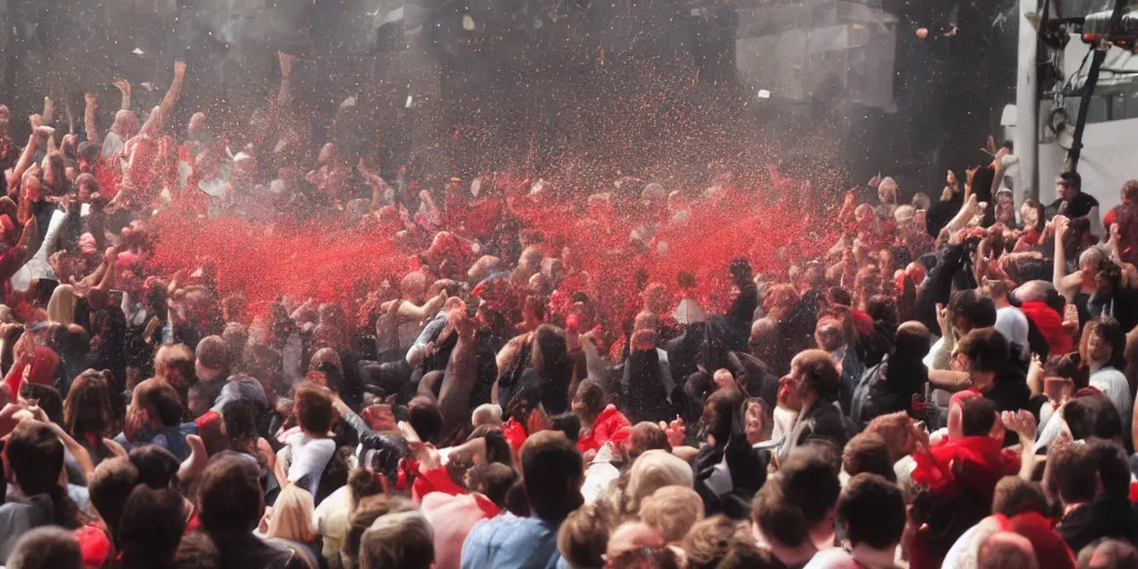 Prompt: a photograph of a crowd throwing tomatoes at bill gates on a theater stage