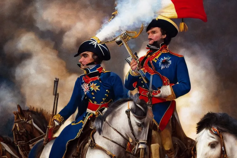 Image similar to closeup portrait of emmanuel macron dressed as napoleon firing the paris gun, natural light, sharp, detailed face, magazine, press, photo, steve mccurry, david lazar, canon, nikon, focus