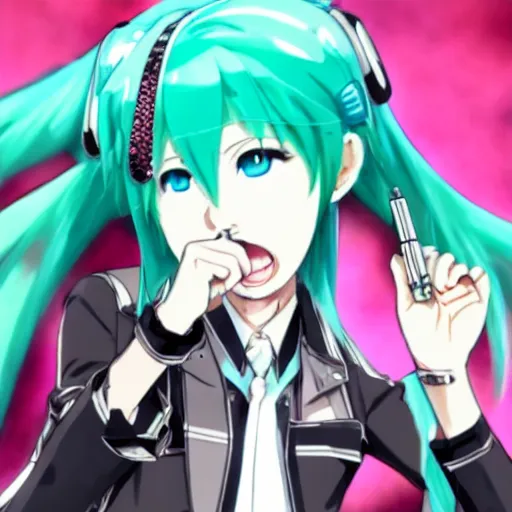 Image similar to hatsune miku high on weed with bloodshot eyes smoking with a vape pen.