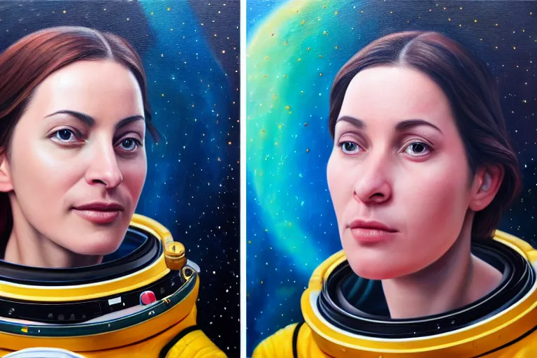 Image similar to ( ( a beautiful 8 k photorealistic masterpiece oil - painting ) ( close up ) and ( zoom out ) ( of ( sanna marin in a space suit ) ( confident world leader ( stoic ) ) ) ( hyperrealism ) ( 1 6 k ) ( trending on artstation )