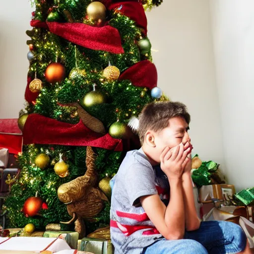 Image similar to a kid at christmas disappointed and crying looking a giant moai statue, his hands buried in his face, sitting down, looking disgusted and annoying | inside of a house next to a christmas tree, large opened present box next to the moai