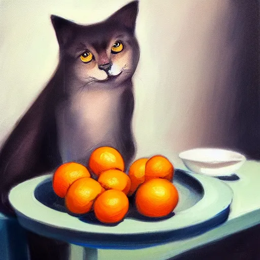 Prompt: a cat pondering oranges on a table, oil on canvas, artstationm digital art