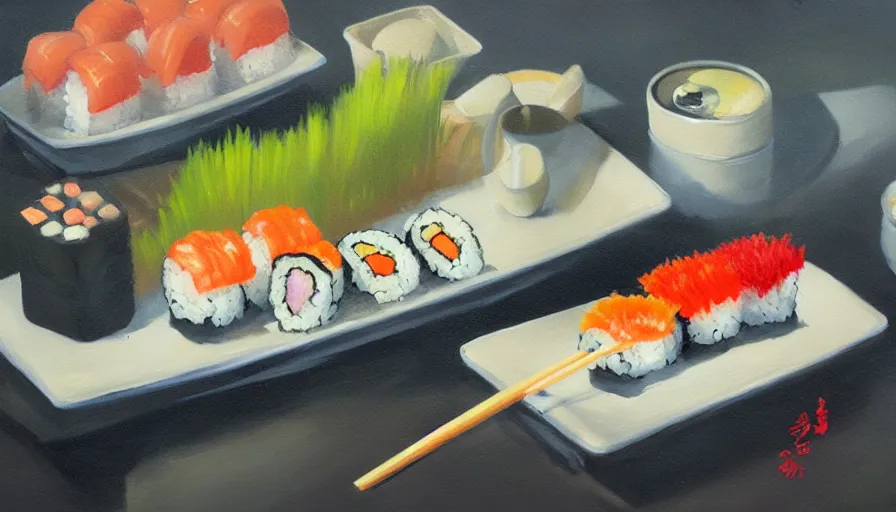 Image similar to sushi, oil painting by jama jurabaev, brush hard, artstation, for aaa game, high quality, brush stroke