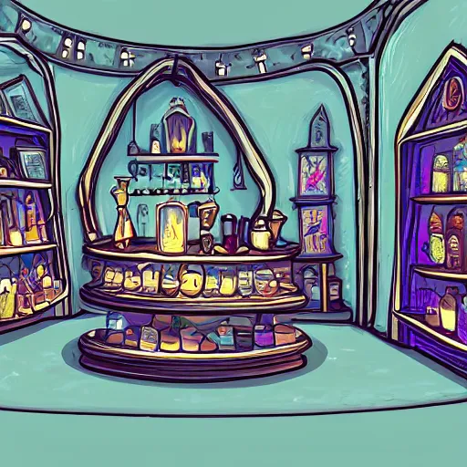 Prompt: inside a magical item shop, fantasy potion vendor interior, ufotable studio art style, wide angle, gothic interior