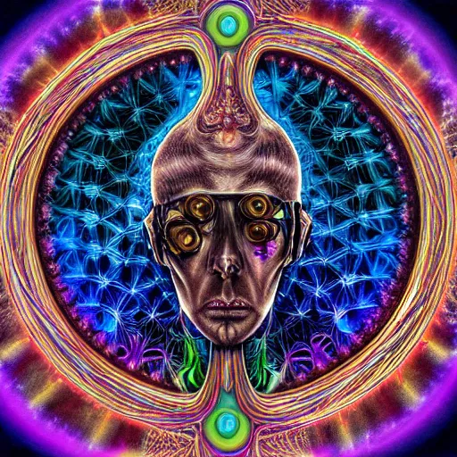 Image similar to steampunk wizard, by alex grey, TOOL band art, psychedelic, fractals, detailed, 8K