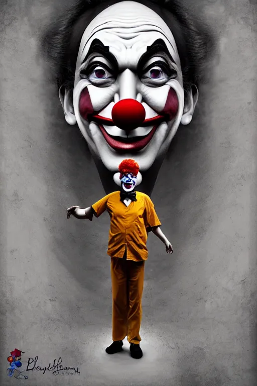 Prompt: my teacher as clown - composition : dynamic lighting, depth details, intricate, asymmetric, proportion, highly quality, balance, unity, extremely highly detailed. by bambang nurdianshyah ( background ) garis edelweiss ( lighting ) roby dwi antono ( character )