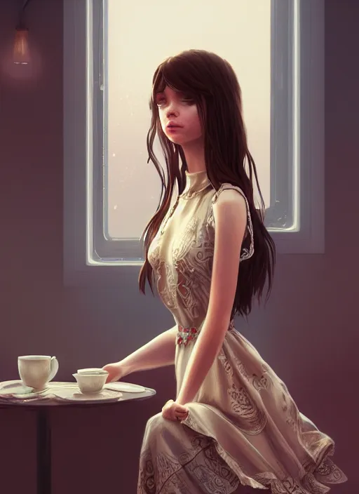 Image similar to a beautiful brown - haired girl with a summer dress in cafe, intricate, elegant, highly detailed, digital painting, artstation, concept art, smooth, sharp focus, illustration, ethereal, misty, by ilya kuvshinov and jeremy mann, 8 k, octane render