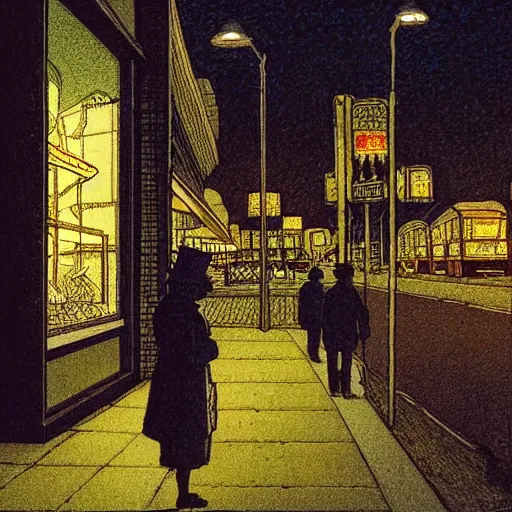 Image similar to a some people waiting in a lone bus stop in quiet dark city night, high quality, high resolution,detailed, by Ivan Bilibin