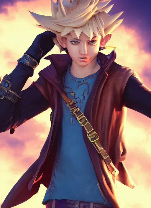 Prompt: An epic fantasy comic book style portrait painting of boy fantasy thief with blonde hair yu-gi-oh style , unreal 5, DAZ, hyperrealistic, octane render, cosplay, RPG portrait, dynamic lighting