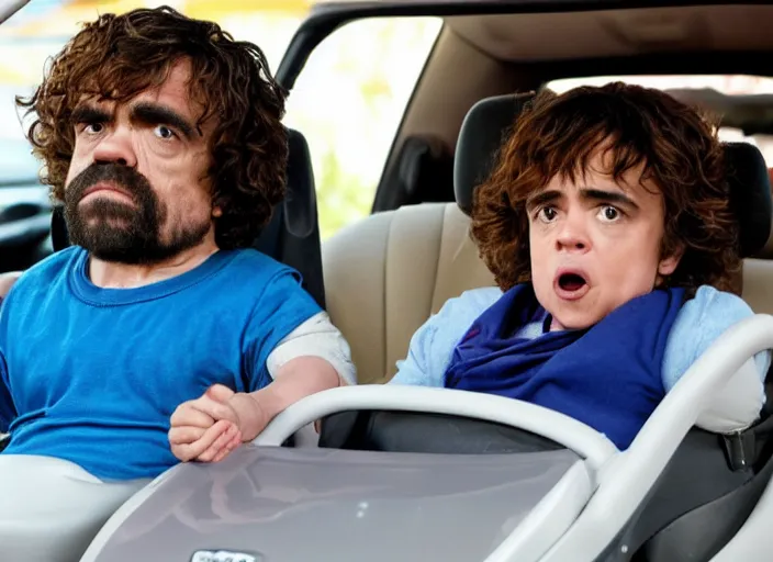 Image similar to peter dinklage and salma hayek driving a little tikes cozy coupe, movie still, from the new fast and furious, 8 k, realistic