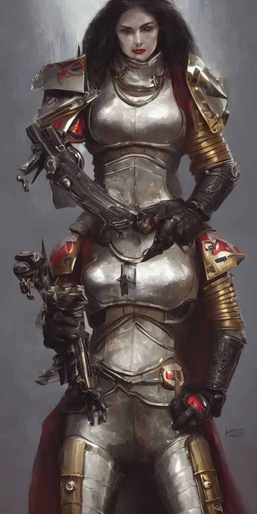 Prompt: beautiful female inquisitor, warhammer 40k, leather armor, bolt pistol in one hand, chainsword in the other, ultra facial detail, Tooth Wu Artgerm Greg Rutkowski artstation deviantart, 8k, fanart, extreme aesthetic