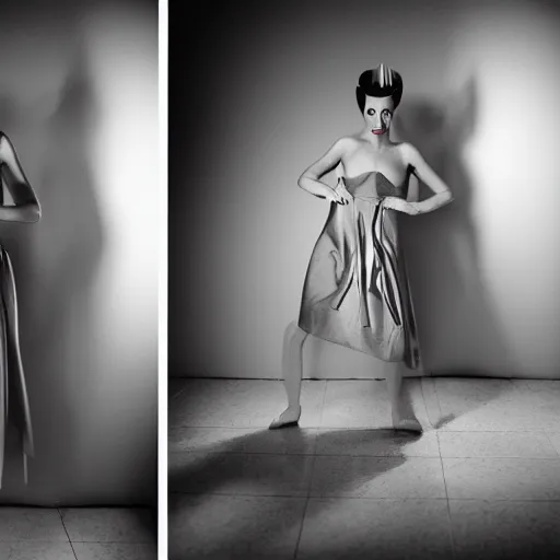 Prompt: medium format photograph of a surreal fashion shoot in the kitchen of house, camera flash