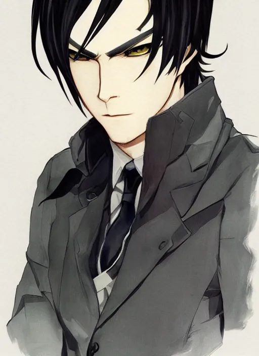 Image similar to portrait illustration by shigenori soejima, handsome male vampire, focus on face, pretty, long black hair, dark blue shirt, light brown trenchcoat