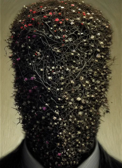 Prompt: an man in a black suit with a head made of flowers and roots, no face, intricate, highly detailed, concept art, hyperrealistic, oil painting by greg staples, 8 k