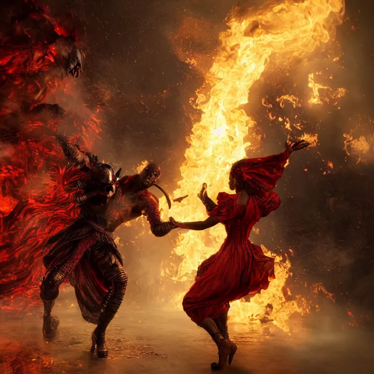 Image similar to black man and a female devil in red dress are dancing together in fire, Dark Souls 3 themed, in style of Ruan Jia, insanely detailed and intricate, golden ratio, elegant, ornate, luxury, elite, matte painting, cinematic, cgsociety, James jean, Brian froud, ross tran, Laputa