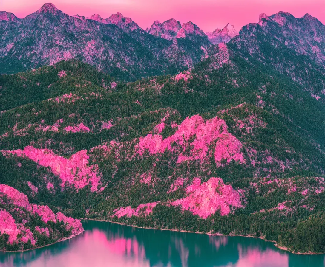 Image similar to wide angle photography, majestic mountains, beautiful lake, lush landscape, pink sky, sunset, high res, 8k