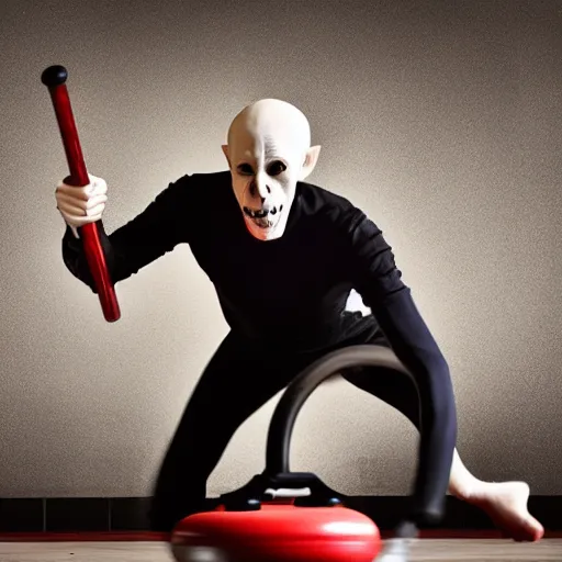 Prompt: portrait of nosferatu playing alone curling, sport photography