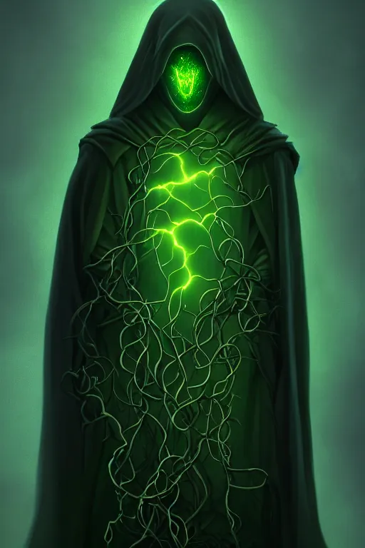 Image similar to A full body portrait of a ghost like character with no face, glowing eyes and a very long hooded dark green cloak made of leaves and vines art by Shaddy Safadi and Jason Chan, ominous, cosmic horror, trending on artstation, Ultra detailed, hyper realistic 4k