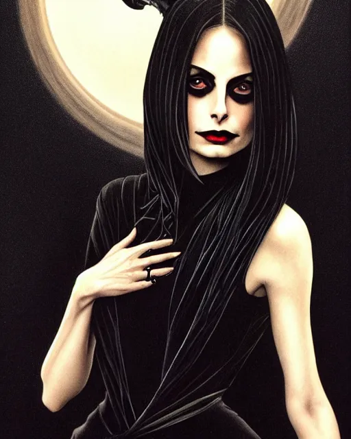 Prompt: style of gerald brom : : gorgeous willa holland : : evil witch, swirling black magic, black dress : : symmetrical face, symmetrical eyes : : full body pose : : gorgeous black hair : : magic lighting, low spacial lighting : :