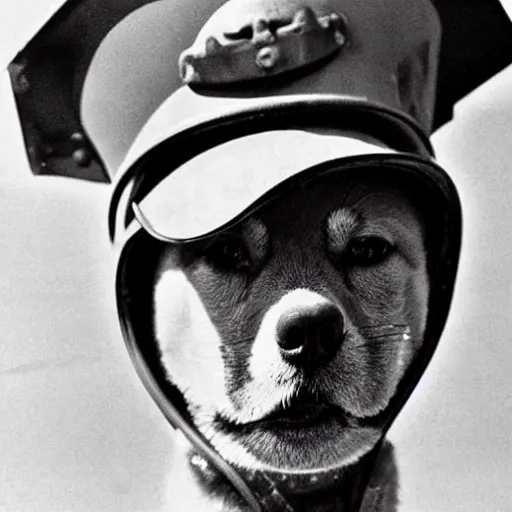 Image similar to close up of a shiba inu wearing soldier helmet in the battle, ww 2 historical photography, black & white photo