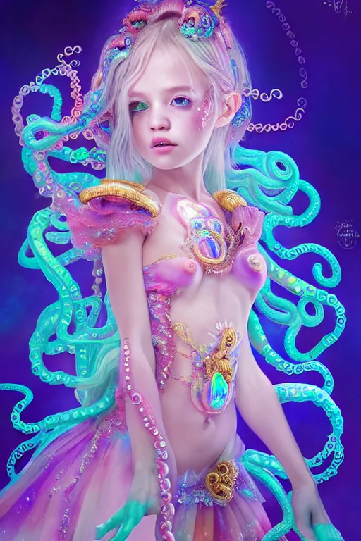 Image similar to A full body shot of a cute young magical girl wearing an ornate dress made of opals and tentacles. Monster GIrl. Subsurface Scattering. Dynamic Pose. Translucent Skin. Rainbow palette. Rainbowcore. defined facial features, symmetrical facial features. Opalescent surface. Soft Lighting. beautiful lighting. By Giger and Ruan Jia and Artgerm and WLOP and William-Adolphe Bouguereau and Loish and Lisa Frank. Fantasy Illustration. Sailor Moon. Masterpiece. trending on artstation, featured on pixiv, award winning, cinematic composition, dramatic pose, sharp, details, Hyper-detailed, HD, HDR, 4K, 8K.