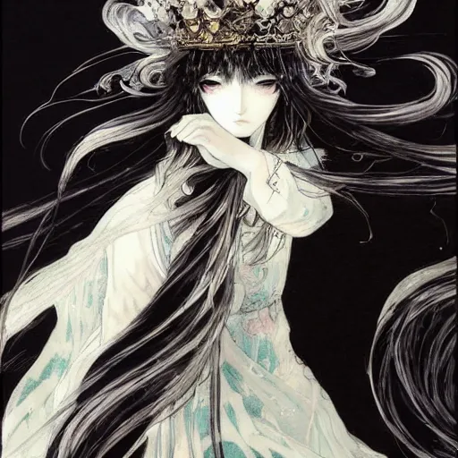 Prompt: yoshitaka amano blurred and dreamy illustration of an anime girl with black eyes, wavy white hair fluttering in the wind wearing elden ring armor and crown with engraving, abstract black and white patterns on the background noisy film grain effect, highly detailed, renaissance oil painting, weird portrait angle, blurred lost edges, three quarter view