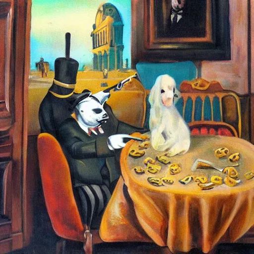 Image similar to dog eating croissants in paris, painted by dali