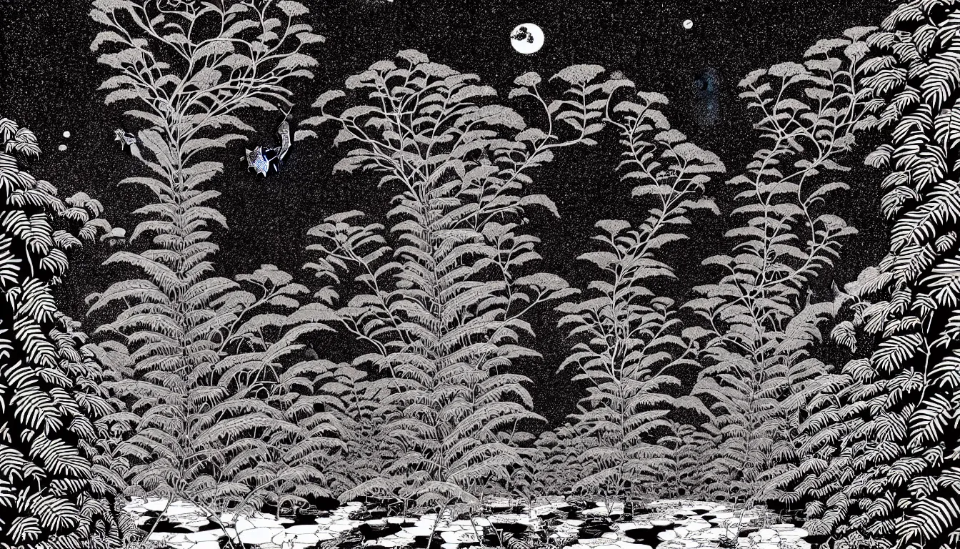 Image similar to giant fern tree by woodblock print, nicolas delort, moebius, victo ngai, josan gonzalez, kilian eng