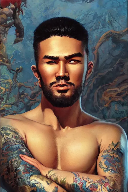 Image similar to beautiful gorgeous bald kazakh guy with a short beard, painted by tom lovell, alex malveda, greg staples