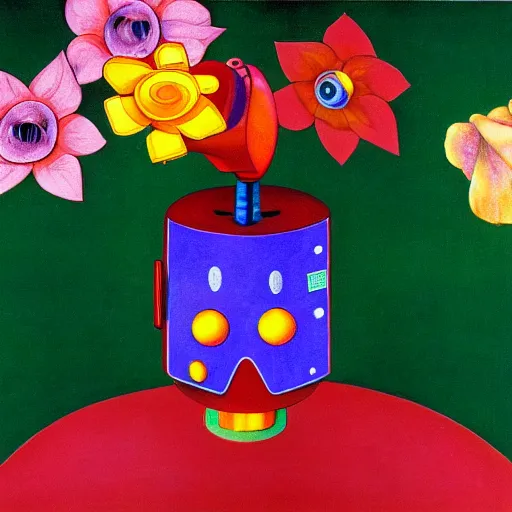 Image similar to a colorful painting by m. c. escher of a happy robot head with flowers growing out of the top