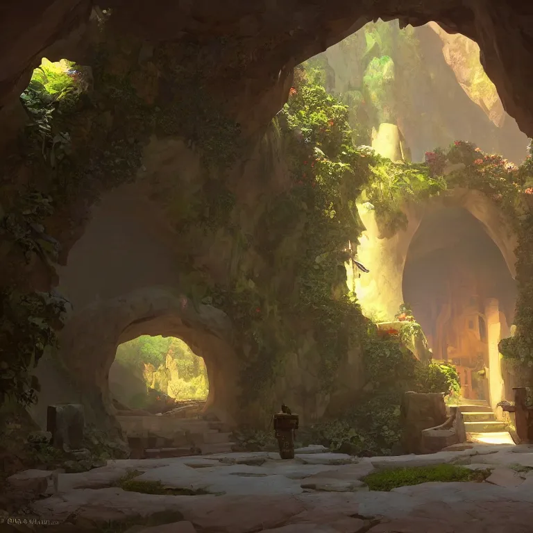 Image similar to secret overwatch arc hallway for living quarters carved inside a cave surrounding a lush garden, trimmed, magical, natural light, clean lines, cozy, fantasy, minimalist architecture, sharp focus, concept art, by greg rutkowski and craig mullins,, octane render 8 k